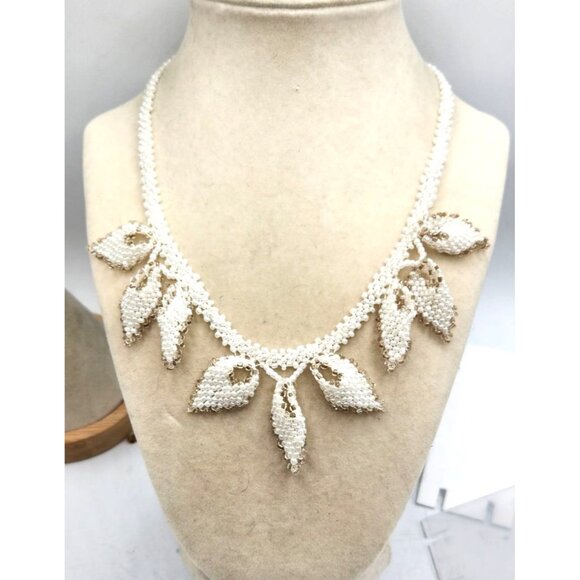 Hand Woven White Beaded Leaf Necklace With Gold Bead Trim - Unusual - Picture 1 of 5